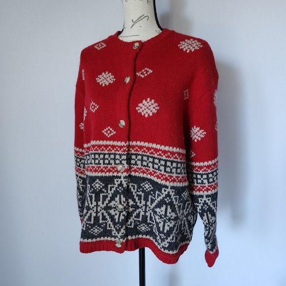 Vintage Eddie Bauer Wool Alpaca Fair Isle Nordic Cardigan Button Red Blue - Picture 1 of 8